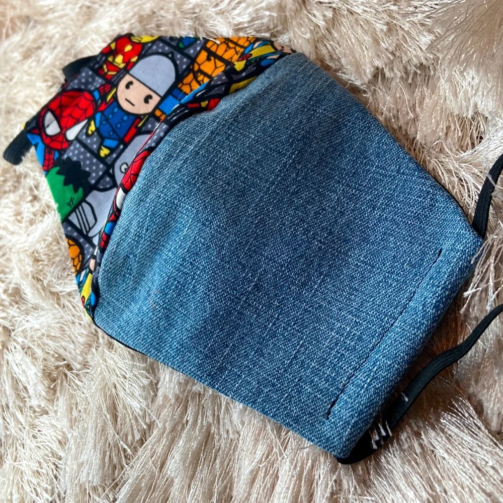 Hand Made DC superheroes print and denim face mask, M/L